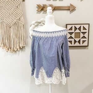 Gibson Latimer Blue Striped Off the Shoulder Top Lace Accent Size Medium